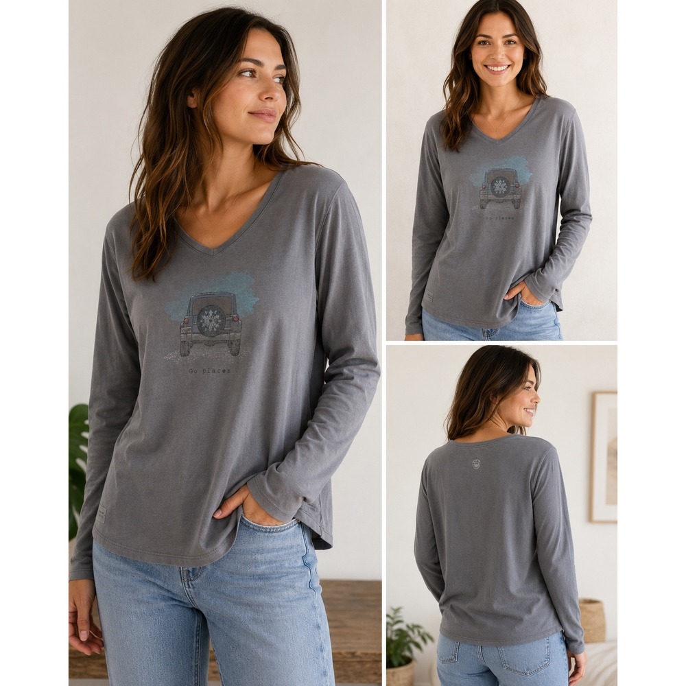 Life Is Good Womens XXL Gray Go Places Off Road V-Neck Long Sleeve Crusher Tee